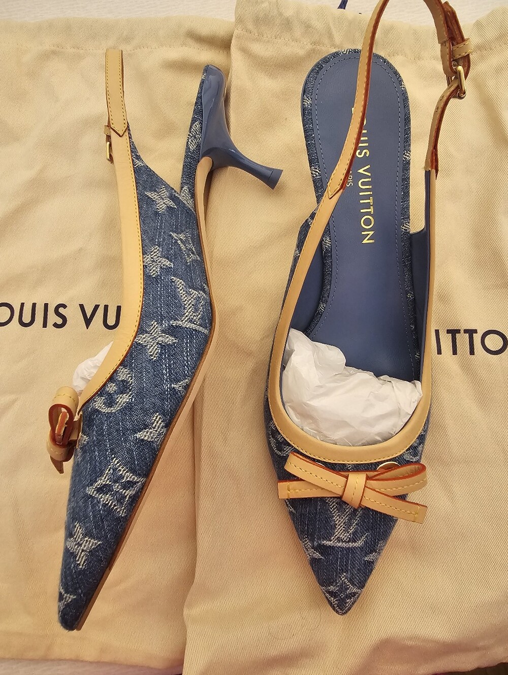 Louis Vuitton Denim Monogram Slingback Pumps with Tan Trim Size 41 - 11 HEEL 2in